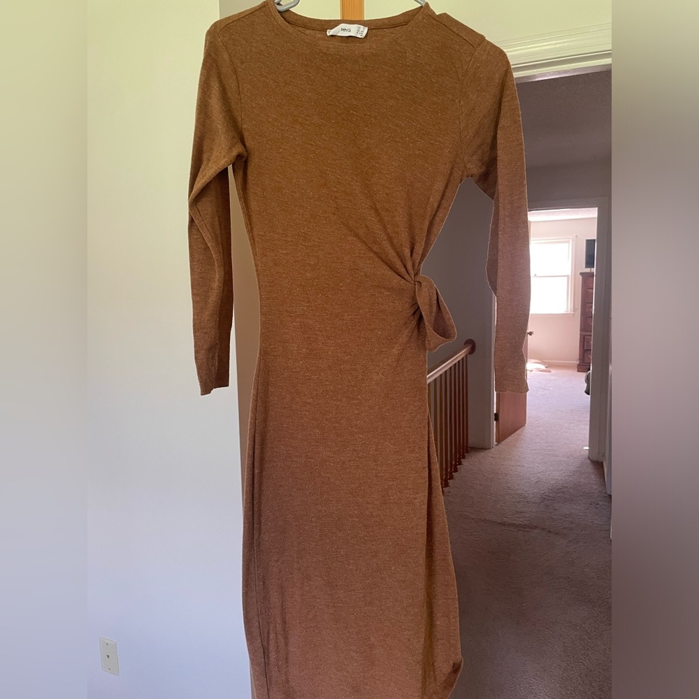 Mango MNG long sleeve midi dress with side tie in burnt heather orange / rust, 2